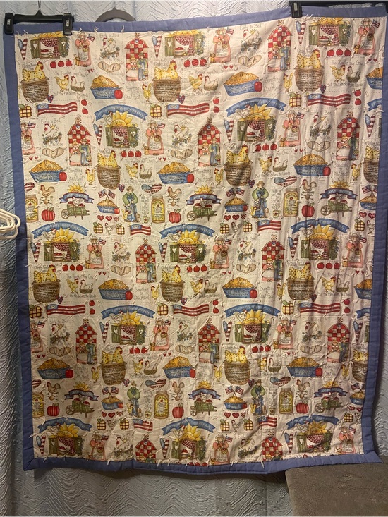 Hand Crafted Other - Hand Crafted Cream Quilt with Blue Border and Multicolor Country Print